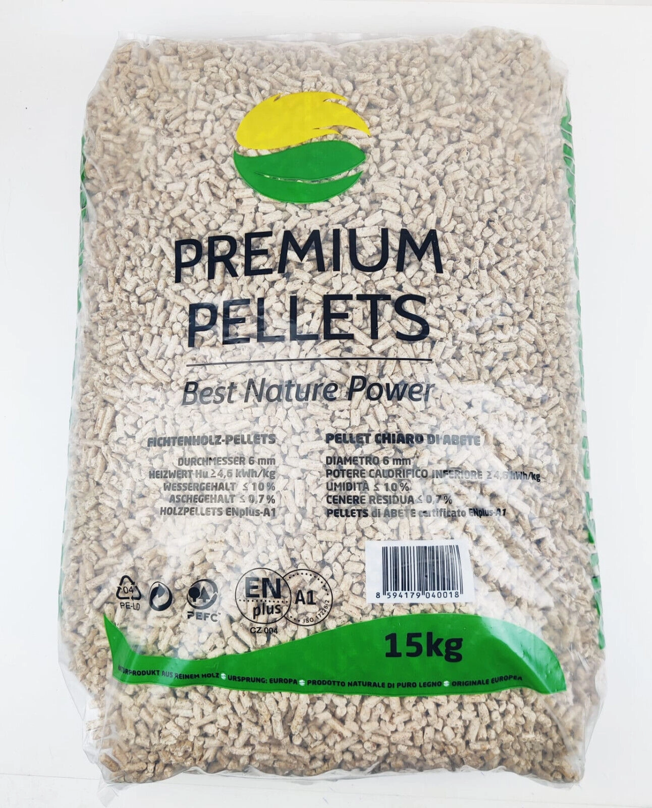 PELLET PREMIUM Pellet di legno di abete rosso EN plus A1 / 1050 kg / 70 sacchi da 15 kg