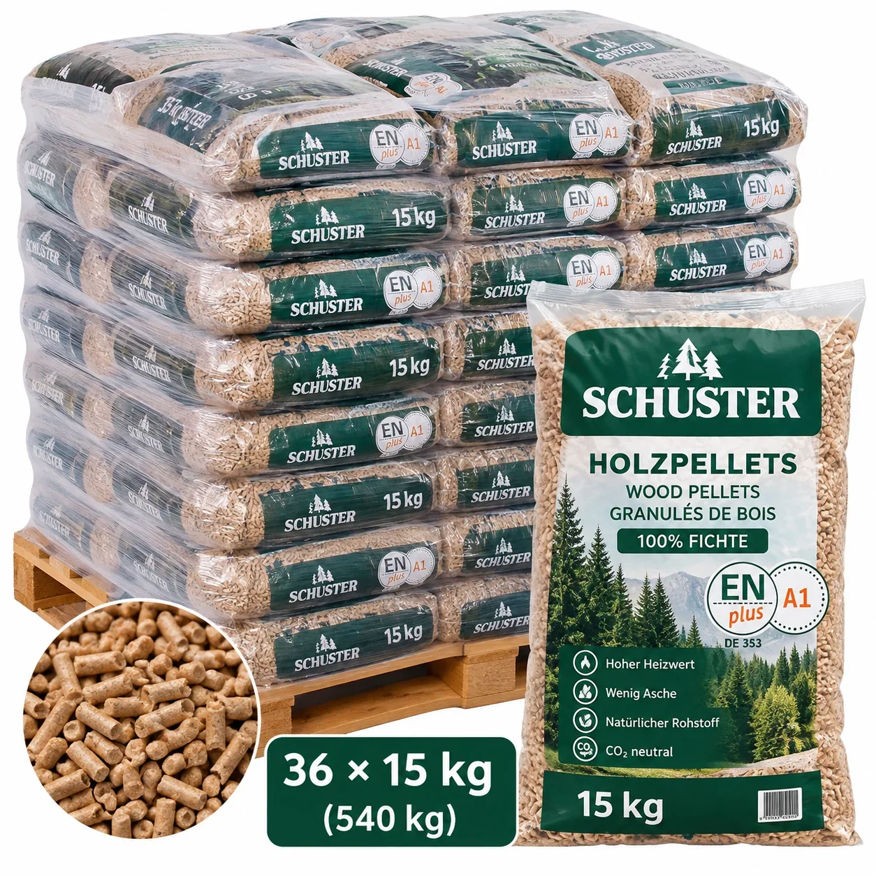 3c4f4869-6c56-45da-abab-3dea126ccebc PELLETS DI LEGNO SCHUSTER ENPLUS A1 – (36 SACCHI × 15 KG) = 540 KG - immagine 1